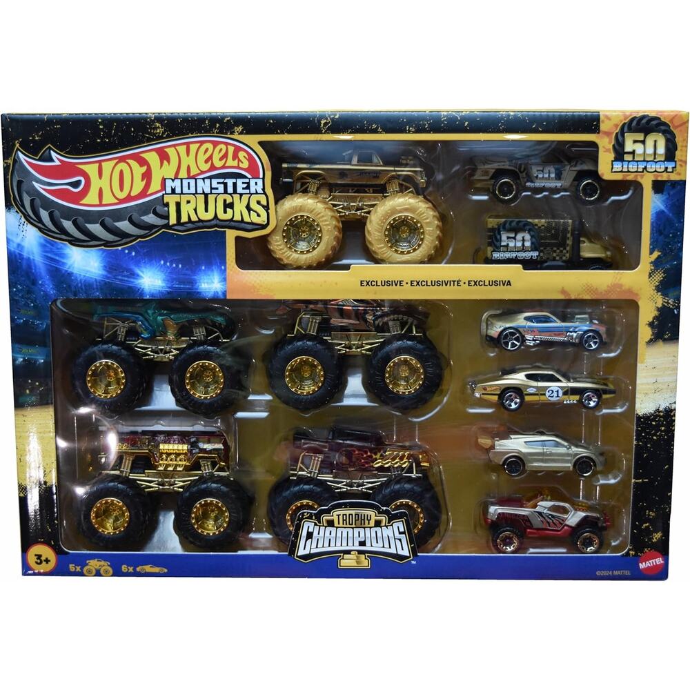 Hot Wheels Monster Trucks Trophy Champions Bigfoot Exclusive Gold Set NWT